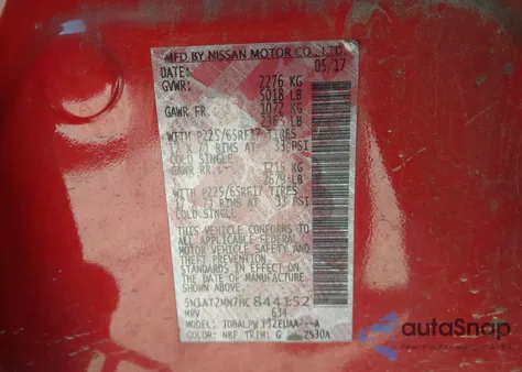 2017 Nissan Rogue S z USA, uszkodzony, nr VIN 5N1AT2MN7HC844152